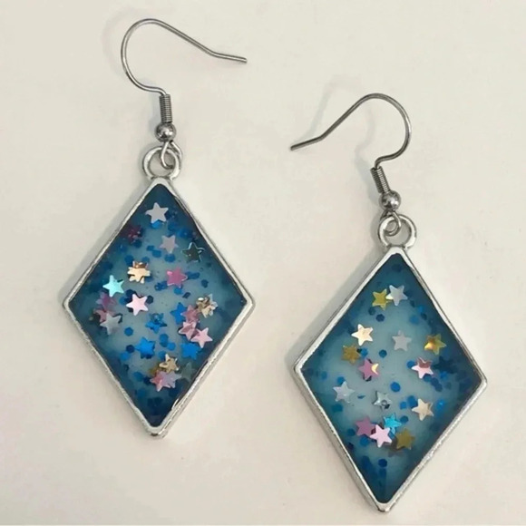 Diamond Blue Stars Handmade Resin Glitter Silver Tone Earrings New NWT - Picture 2 of 3